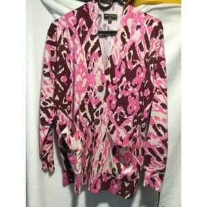Kathy‎ Ireland Pink Brown Abstract Knit Cardigan Sweater Pockets Medium